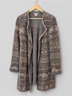 Lucky Brand Southwestern Open Front Cardigan Boho Aztec Longline Sweater